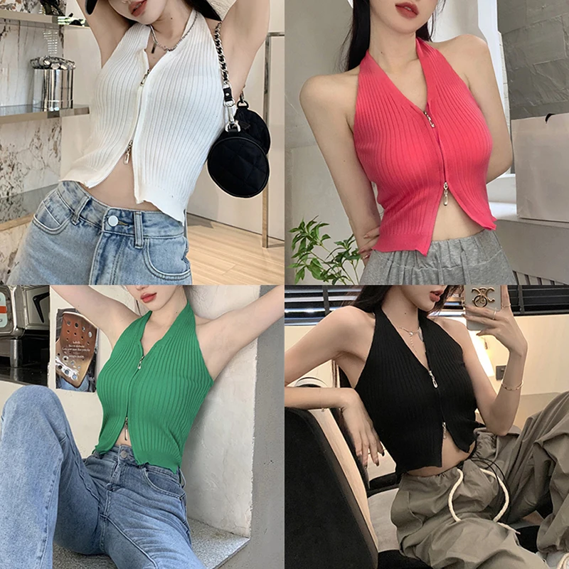 V-neck Camis Women Hotsweet Sexy Halter Crop Tops Zipper Streetwear Pure Sleeveless Chic