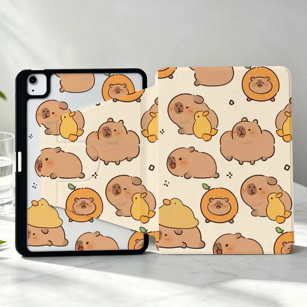 Cute Capybara Pattern Soft For iPad Pro Air mini 6 5 4 12th M5 M4 M3 M2 A16 A17Pro 360° Rotation Stylus Storage Tablet Case
