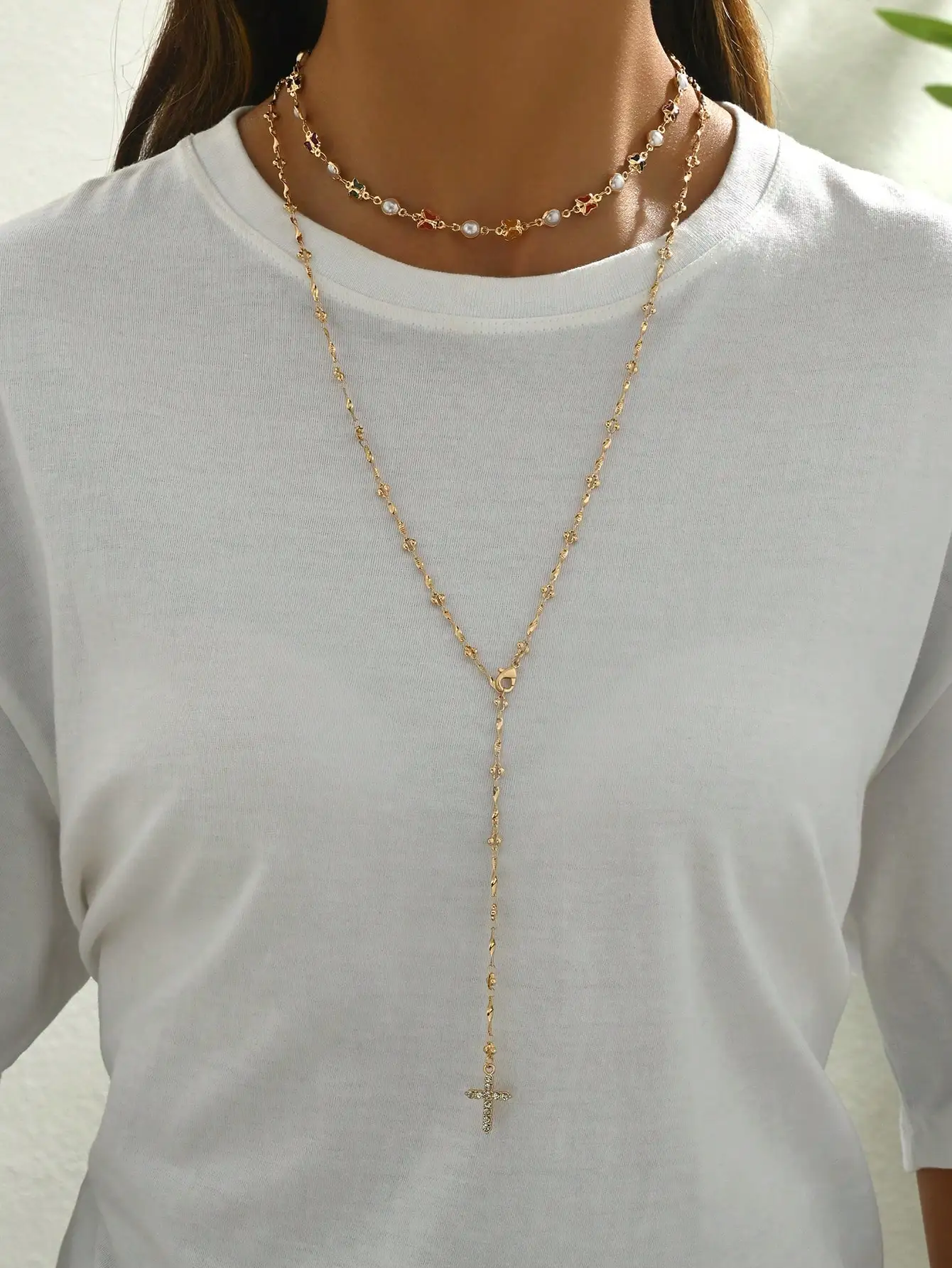 

Многослойное ожерелье золотистого цвета с кулоном-крестом и жемчужными подвесками для повседневной носки, пляжных вечеринок и встреч