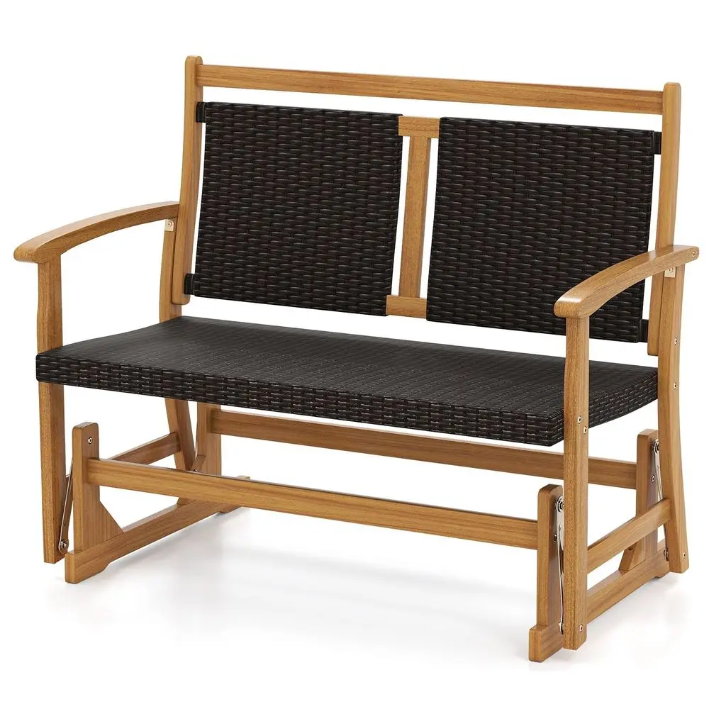 Sillón Glider de Madera para Exterior de 2 Plazas, Columpio de Mimbre y Ratán con Reposabrazos de Madera de Acacia, Respaldo y Asiento de Mimbre, Silla Balancín