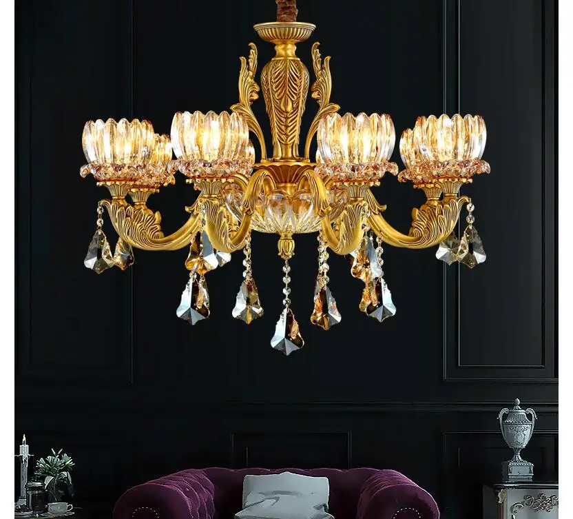 European Vintage Brass Crystal Chandelier, Glass Shade Pendant Light, Luxury Living Room Dining Room Lighting Fixture