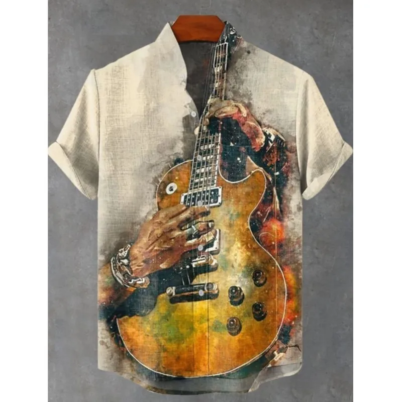 2025 Men's Cello Instrument Theme Short-sleeved Shirt Summer Retro New Linen Men's Short-sleeved Top Leisure Holiday Streetwear