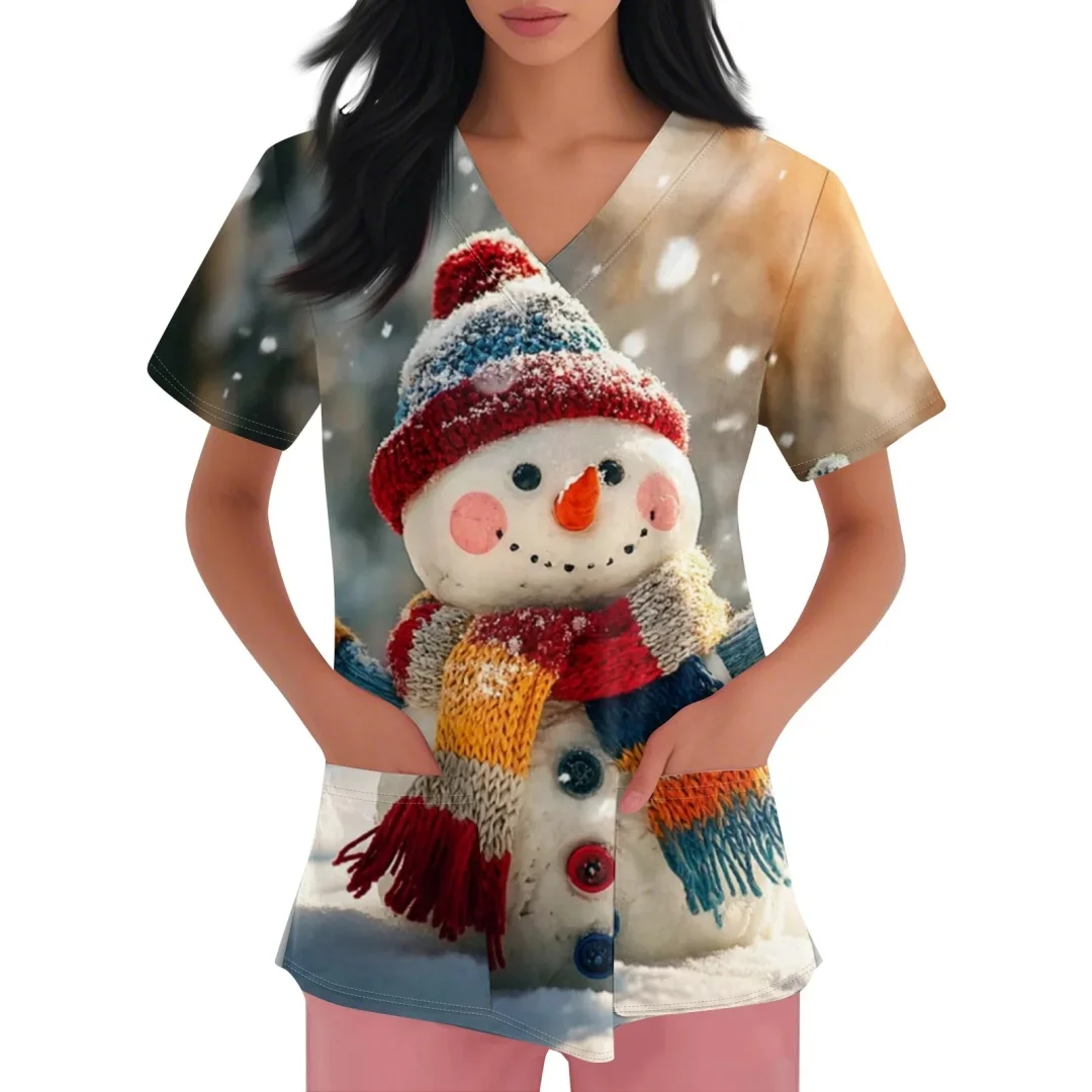 ชุดยูนิฟอร์มพยาบาลลายการ์ตูนซานตาคลอส แขนสั้น คอวี สำหรับผู้หญิง ทำงานในโรงพยาบาล หรือสถานพยาบาล