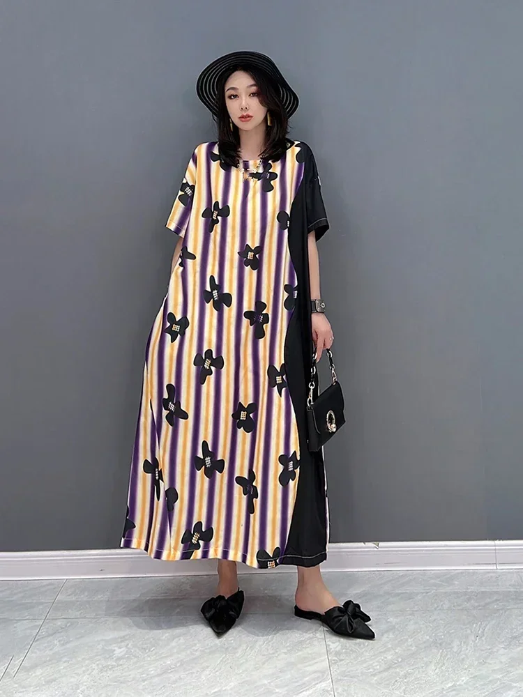 XITAO Fashion Striped Print Dress Loose Casual Simplicity Contrast Color Women T-shirt Dress Temperament Summer New ZY7275