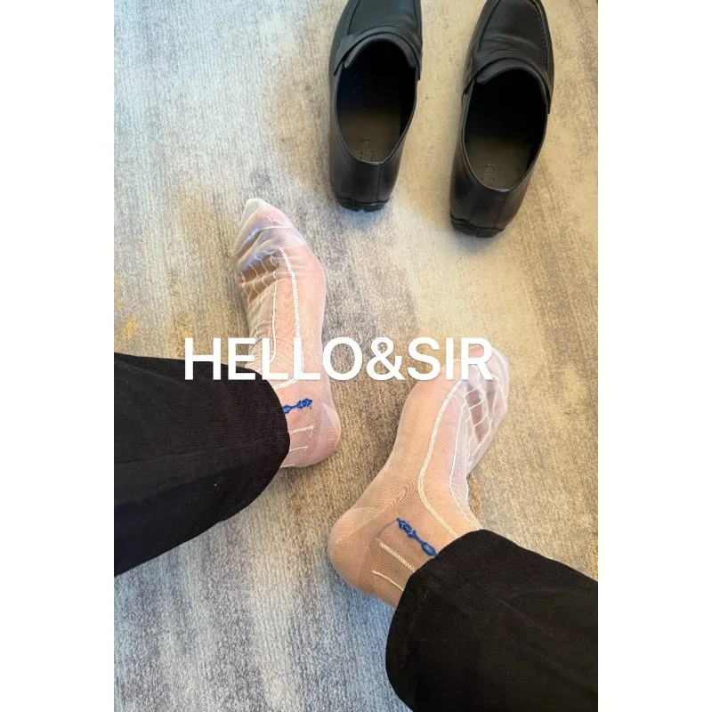 Men Socks Vintage Loose Nylon White Blue Elastic Ultrathin Jacquard Business Crew Socks Formal Wear Transparent Sheer Tube Socks
