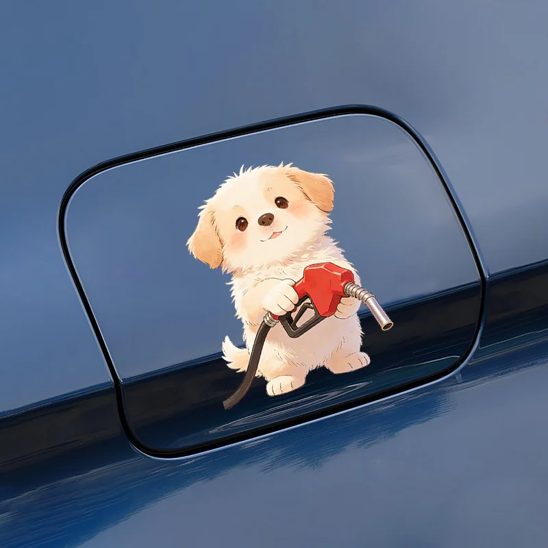 1Pc 2D Flat Cute Puppy Holding Fuel Nozzle Vinyl Sticker, Waterproof Decal for Car Fuel Cap Motorcycle Decor, Holiday Gift
