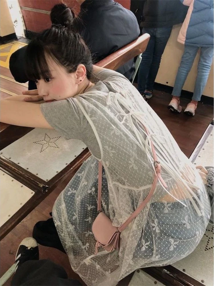 Robe longue en dentelle et maille sans manches avec ceinture à nouer, style jacquard, transparente et sexy, pour femme, nouvelle collection été 2026, chic Y2K, idéale pour sortir