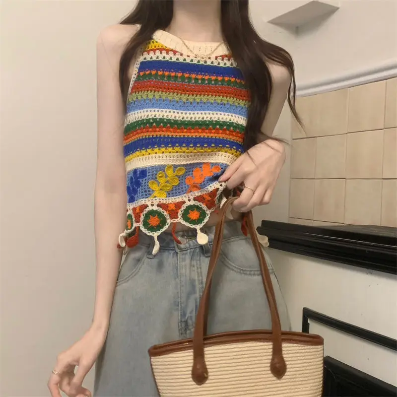 

Полый вязаный жилет на подтяжках в радужную полоску в стиле ретро, летний короткий топ для тяжелой промышленности, сладкий и пряный короткий топ