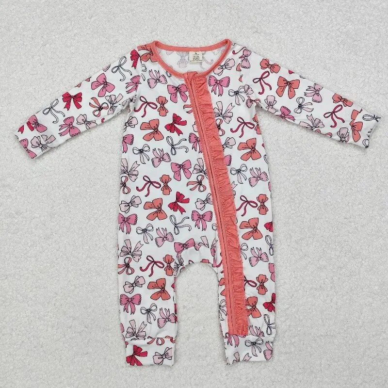 

8.22y Bamboo hot selling baby girls romper wholesale bow pattern white zipper long sleeve onesie