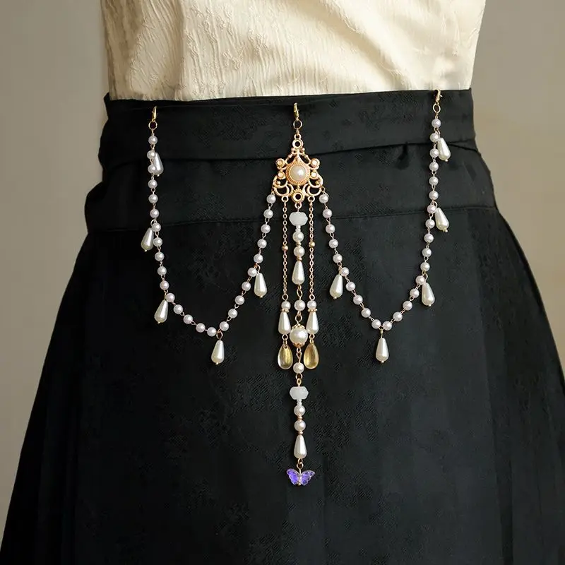 ‌ 수제 한복 허리 체인 - 긴 진주 프린지 펜던트 당나라 스타일 중국 의상 액세서리 여성용 허리 장식