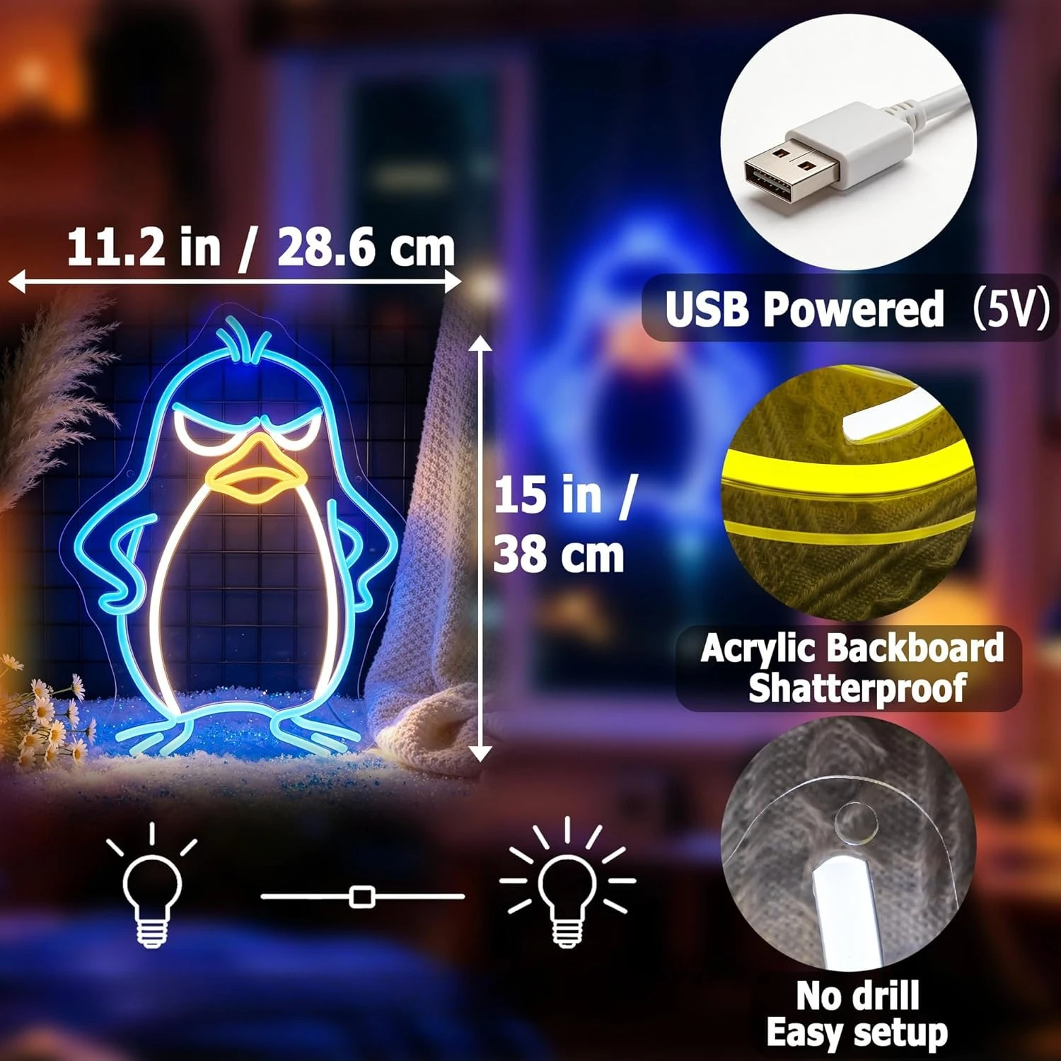 Penguin Neon Sign USB Powered  - Kids Outdoor Zoo 评论和价格