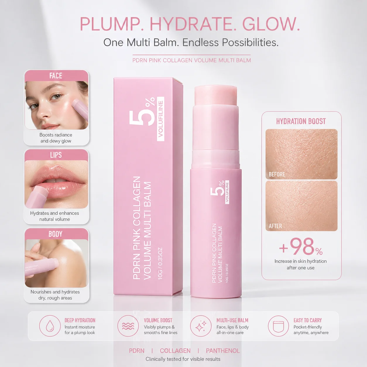 5% Volufiline Pink Collagen Balm Stick Multi Functional Hydrating Plumping Moisturizer Face Lip Body Skin Maintenance