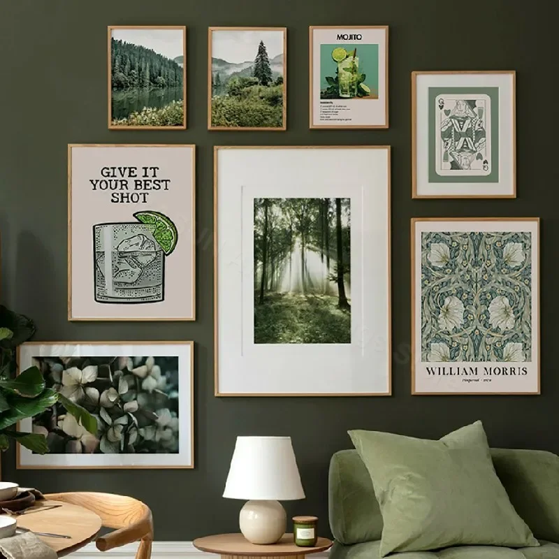 Green Hydrangea Forest Poster William Morris Cocktail Mojito Queen Wall Art Print Canvas Painting Pictures For Living Room Decor