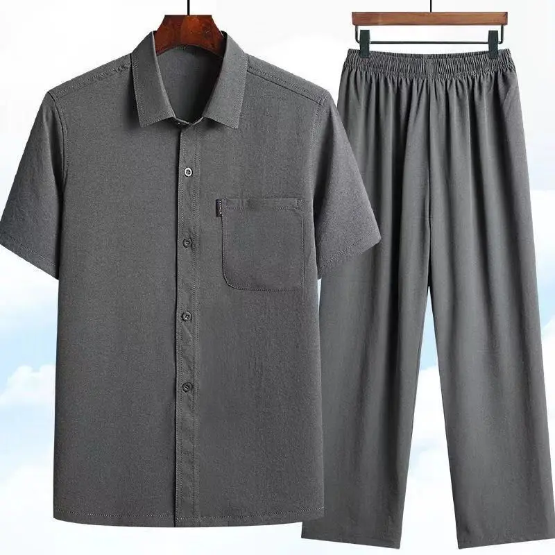

Middle-aged And ly Men's Casual Suit Polyester And Viscose Fiber Mixed Fabric ort Sve irt And Long Pants