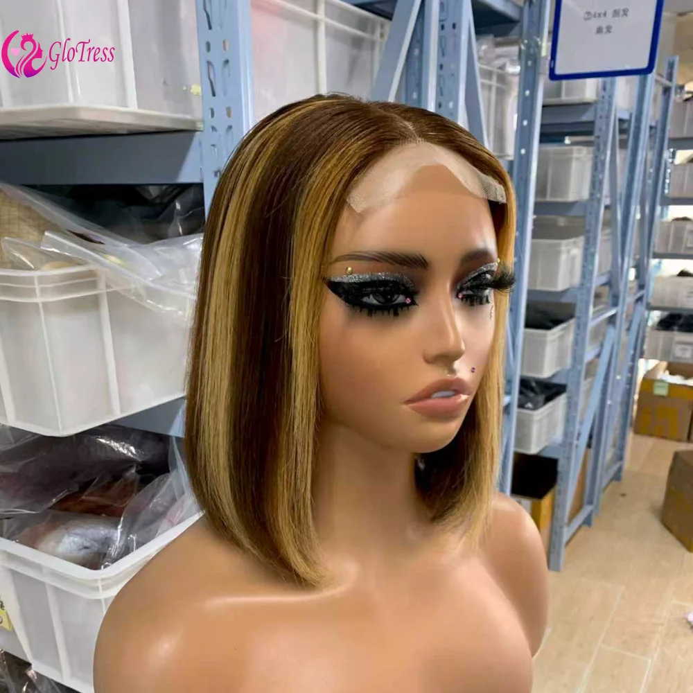 

Высококачественный цвет P4/27 Двойные нарисованные человеческие волосы 4x4 Парики Боб с кружевной застежкой 12A 8-12 дюймов 150%/180% Плотность Прямой парик из волос Remy