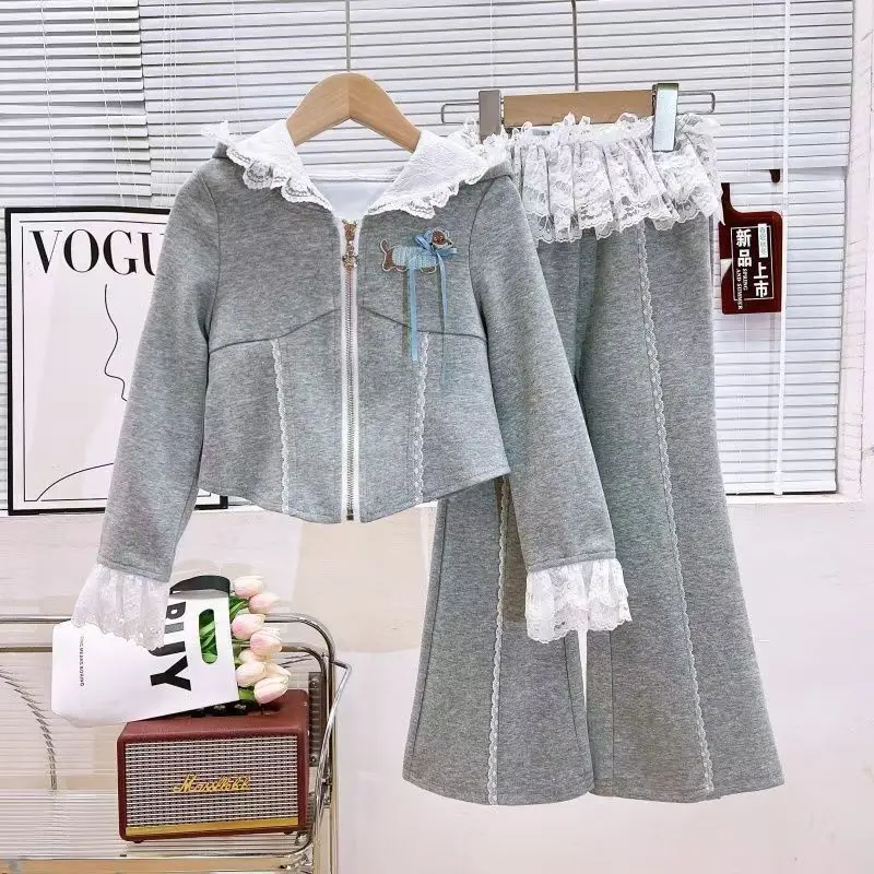 

Girls' Spring and Autumn Set New Korean Edition Children's Lace Hooded Coat Loose Wide Leg Two Piece Set 120-170CM