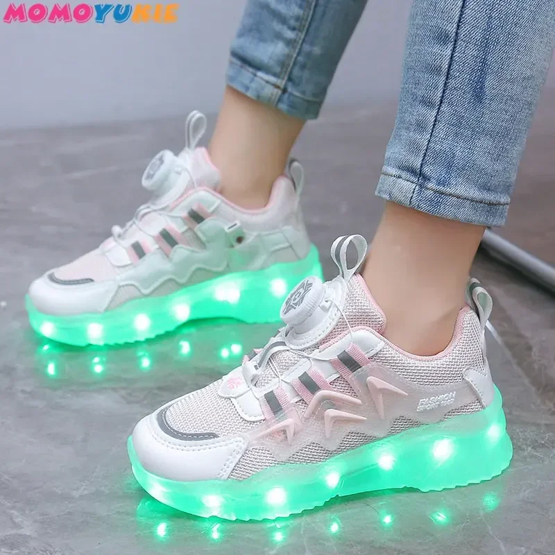 Rotating Button Luminous Sneakers Men's Girls Colorful Soles Usb Rechargeable Fashion Breathable Children's Luminous Sneakers