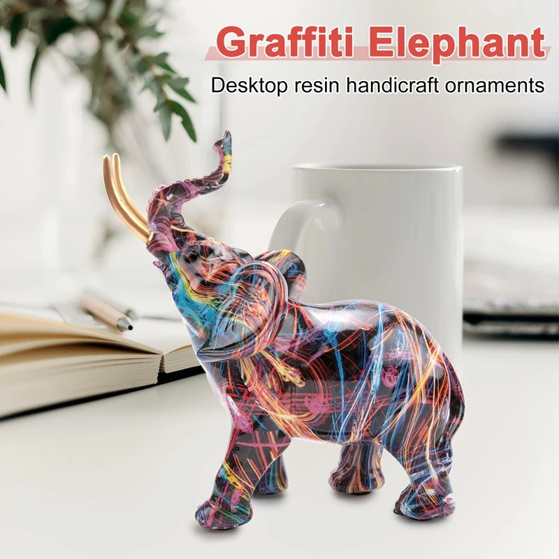 Nordic Painting Graffiti Elephant Sculpture Figurine Colorful Art Elephant Statue Resin Animal Statue Decor C-A79M