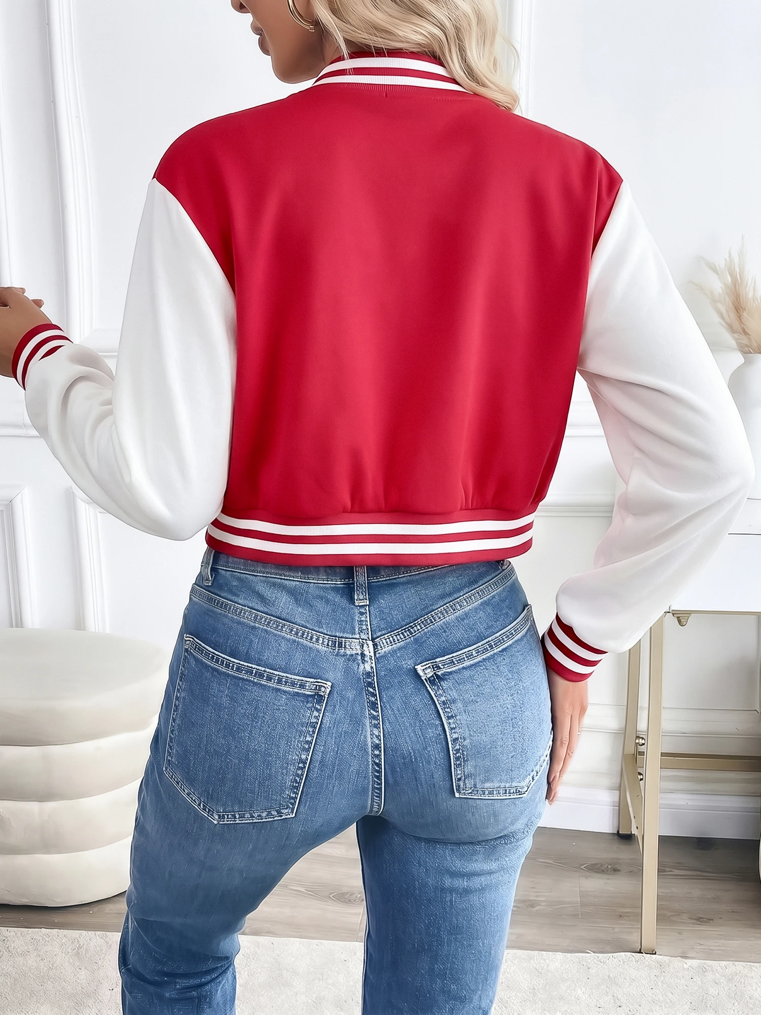 Ladies Y2K Cropped Baseball Jacket Contrast Splice Long Sleeve Snap Button Striped Rib Cuff Street Varsity Coat