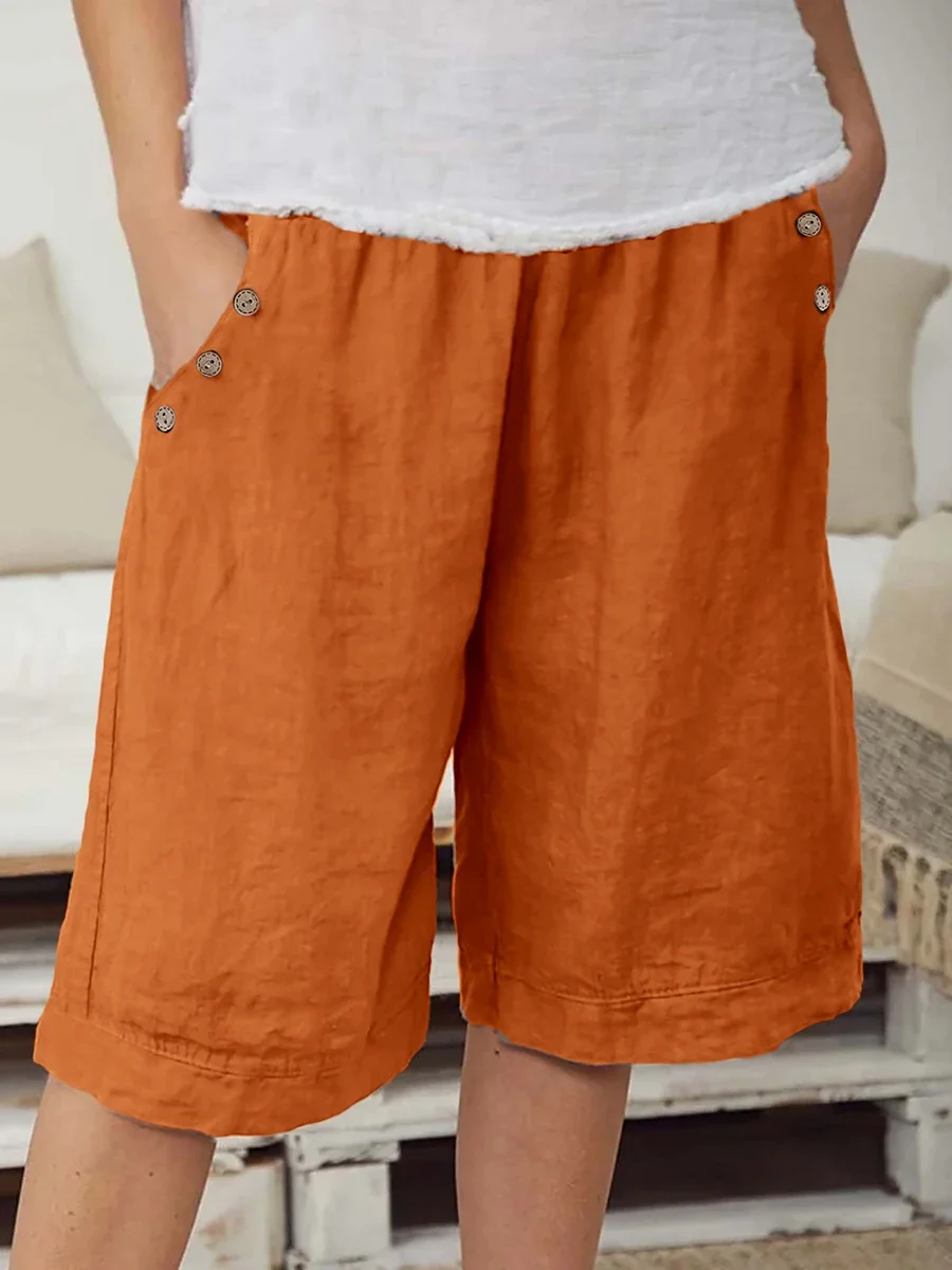 New Women's Casual Wide Leg Knee Length Shorts High Elastic Waist with Buttons Pockets Summer Beach Loose Fit Outfits