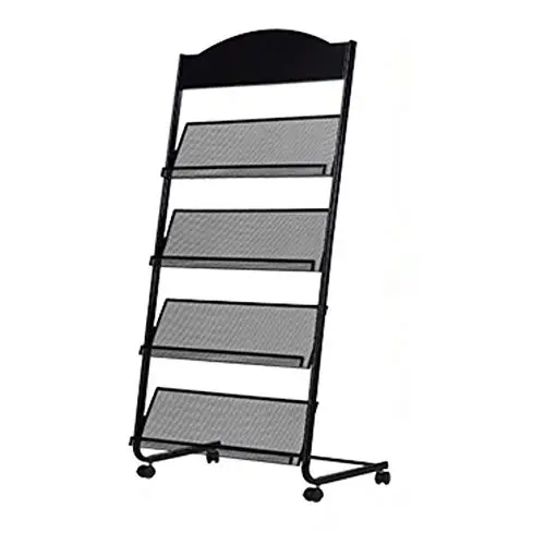 Black Steel Freestanding Magazine Display Stand With Arched Top, Four Mesh Trays And Mobility Casters