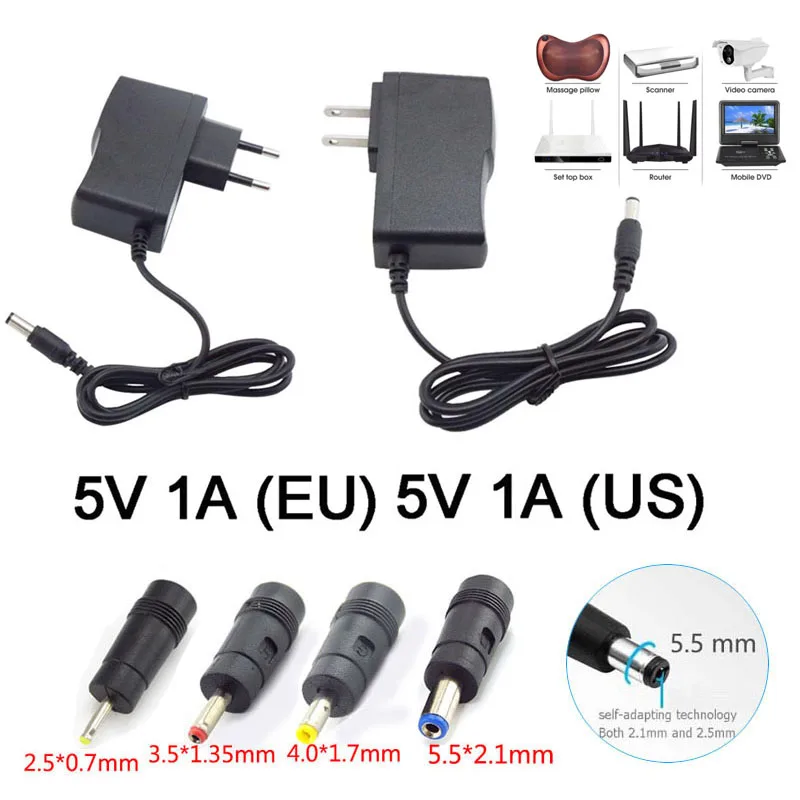 AC 110V-240V DC 5V 1A Power Supply Charger 5.5*2.1mm Adapter Converter 4.0*1.7mm 3.5*1.35mm 2.5*0.7mm DC Plug