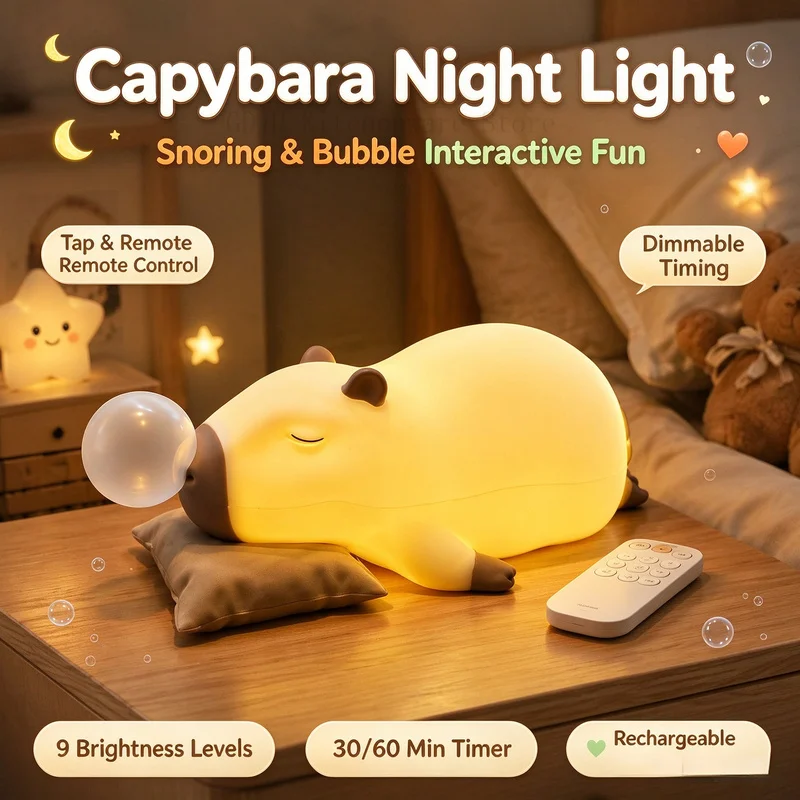 Capybara Night Light Squishy Silicone Lamp Tap & Remote Dimmable Timing, Snoring & Bubble Interactive Rechargeable Decor Gift