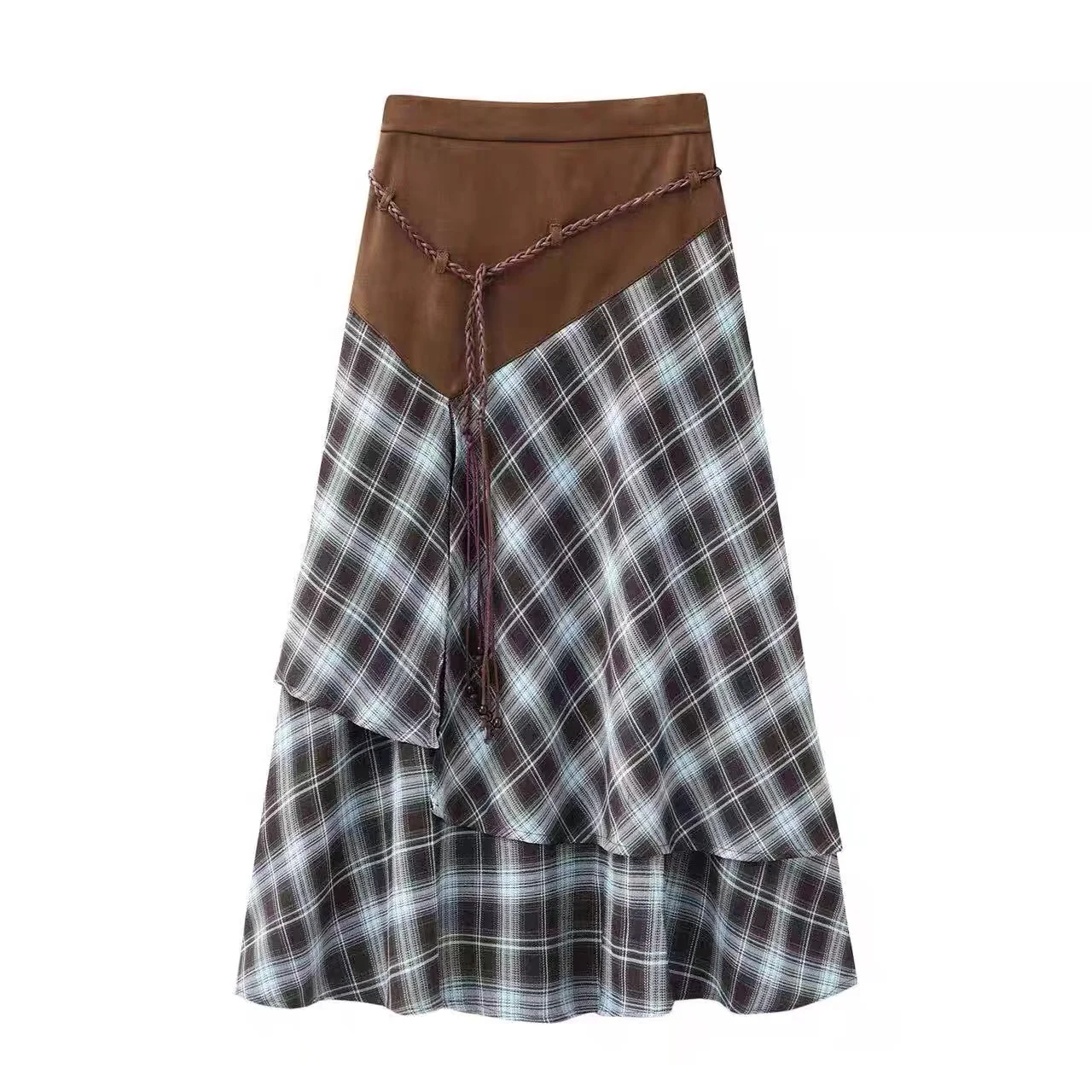Vintage Plaid Asymmetric Spliced A-line Skirt With Belt High-waist Midi Skirt Harajuku British Trendy Women's Autumn Clothing