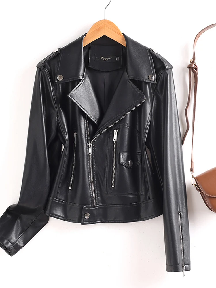 Real Leather Biker Jaet Women's ort Sle eepskin Coat Bla Retro Design Commute Faion Small Size Friendly