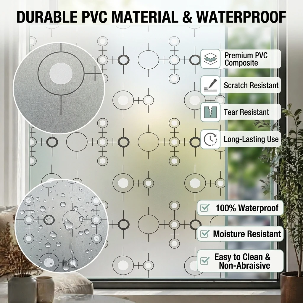 Modern Self-Adhesive Molecular Circle Frosted Window Film 95% Privacy Protection Waterproof Removable No Residue Geometric Glass