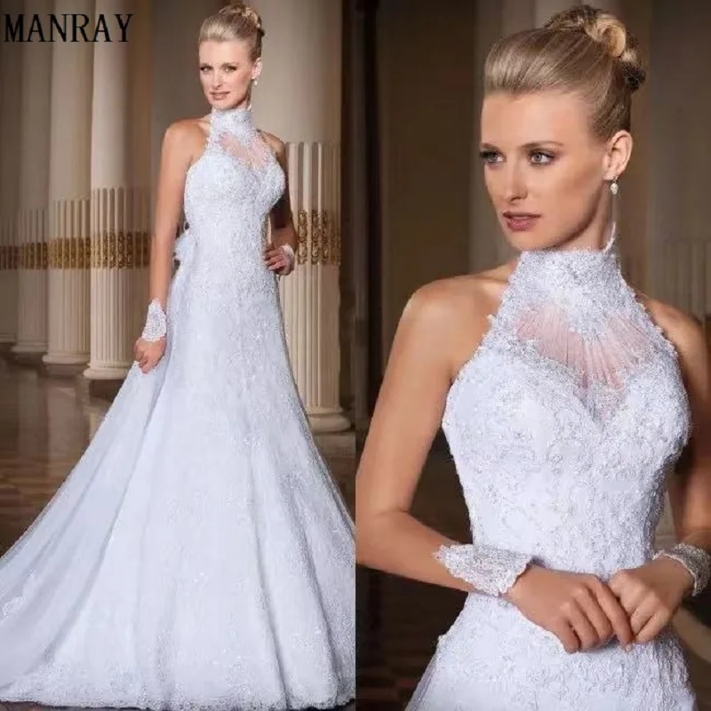 MANRAY gaun pernikahan, Vestido De Noiva 2023 A-Line leher tinggi renda lengan panjang manik-manik renda applique gaun pengantin