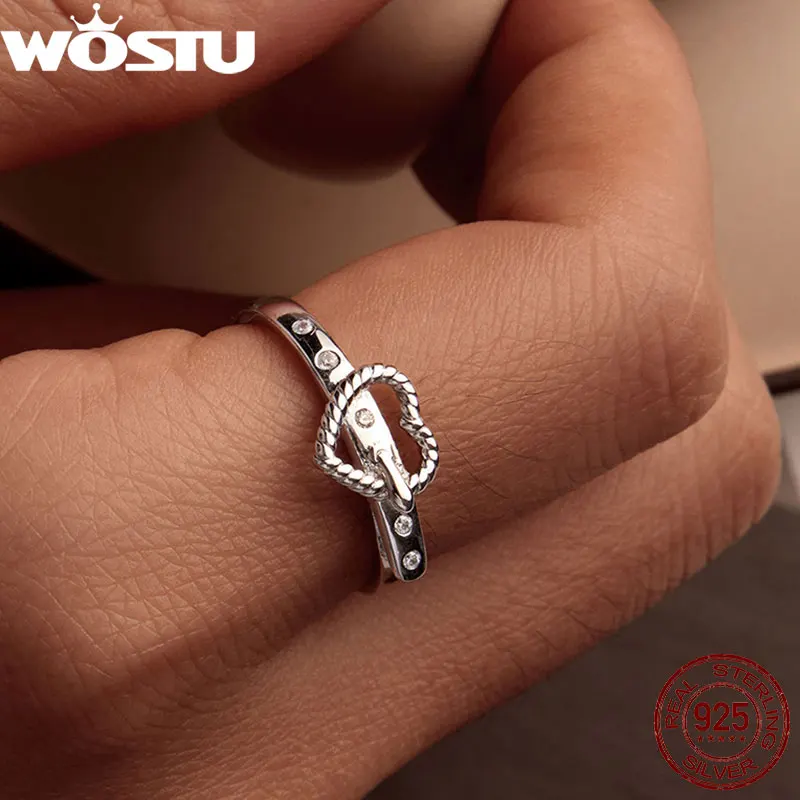 WOSTU Real 925 Sterling Silver Heart Shaped Belt Ring For Women Special Party Shiny Zircon Ring Punk Jewelry Gift Anillo