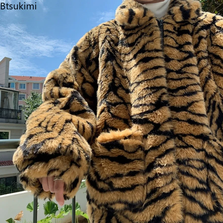 Fashion Tiger Stripes Print Men Jackets Loose Fluffy Faux Fur Long Sleeve Casual Warm Coats Autumn Winter Harajuku Retro Jackets