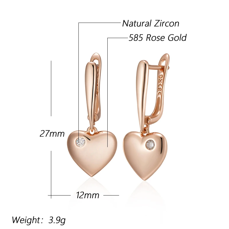 Kinel Hot Luxury Heart Drop Earrings for Women Natural Zircon With 585 Rose Gold Color Modern Party Wedding Daily Fine Jewelry