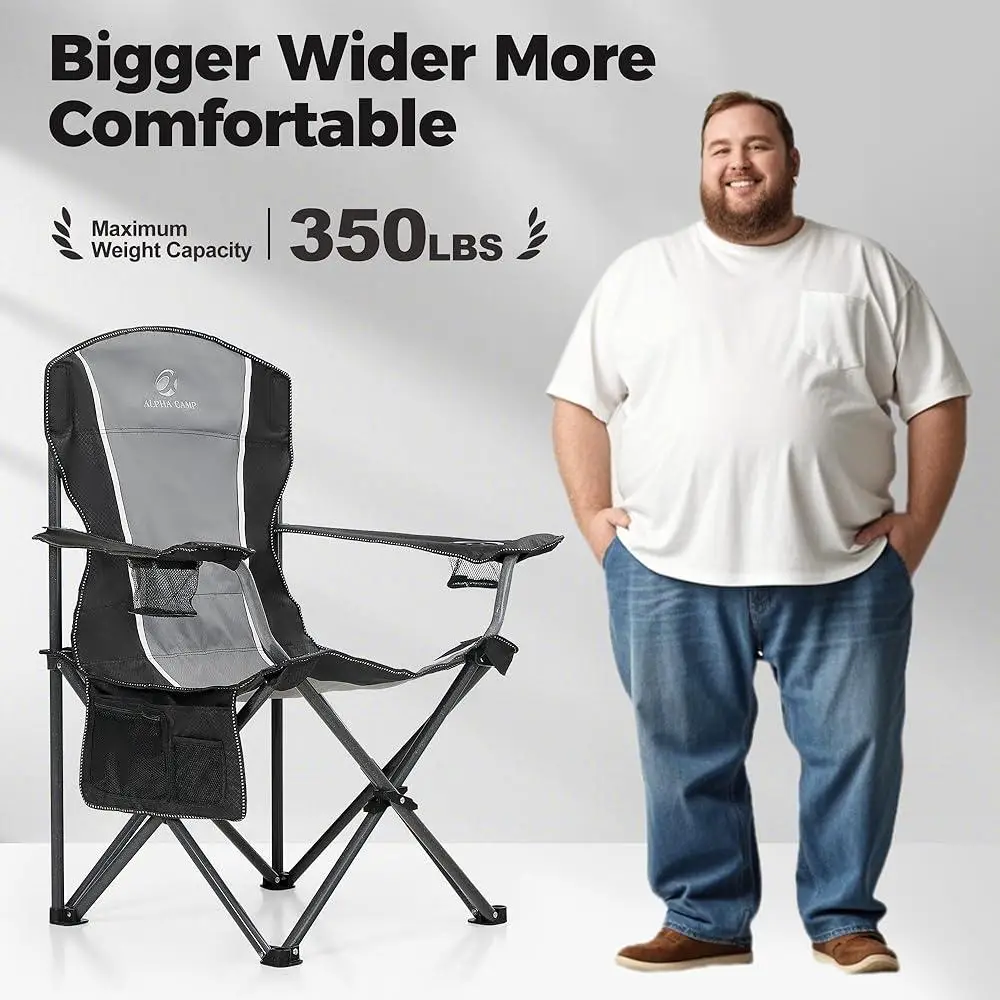 كرسي تخييم كبير الحجم قابل للطي إطار فولاذي عالي التحمل يدعم مساند للذراعين مبطنة قابلة للطي بوزن 350 رطلًا مع حاملات أكواب و
