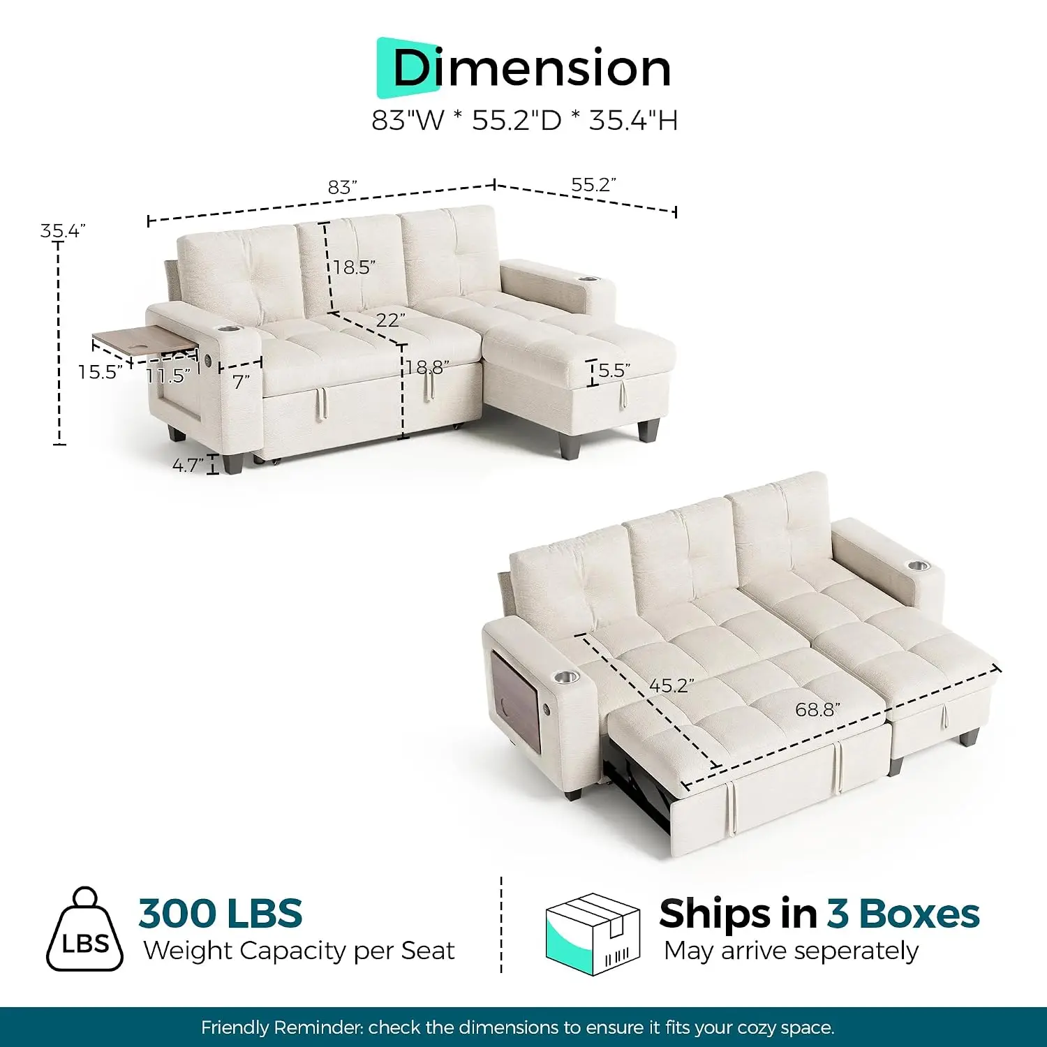 Modular Sectional Sofa Bed, Chenille Pull Out 3 Seat Beige, Customized