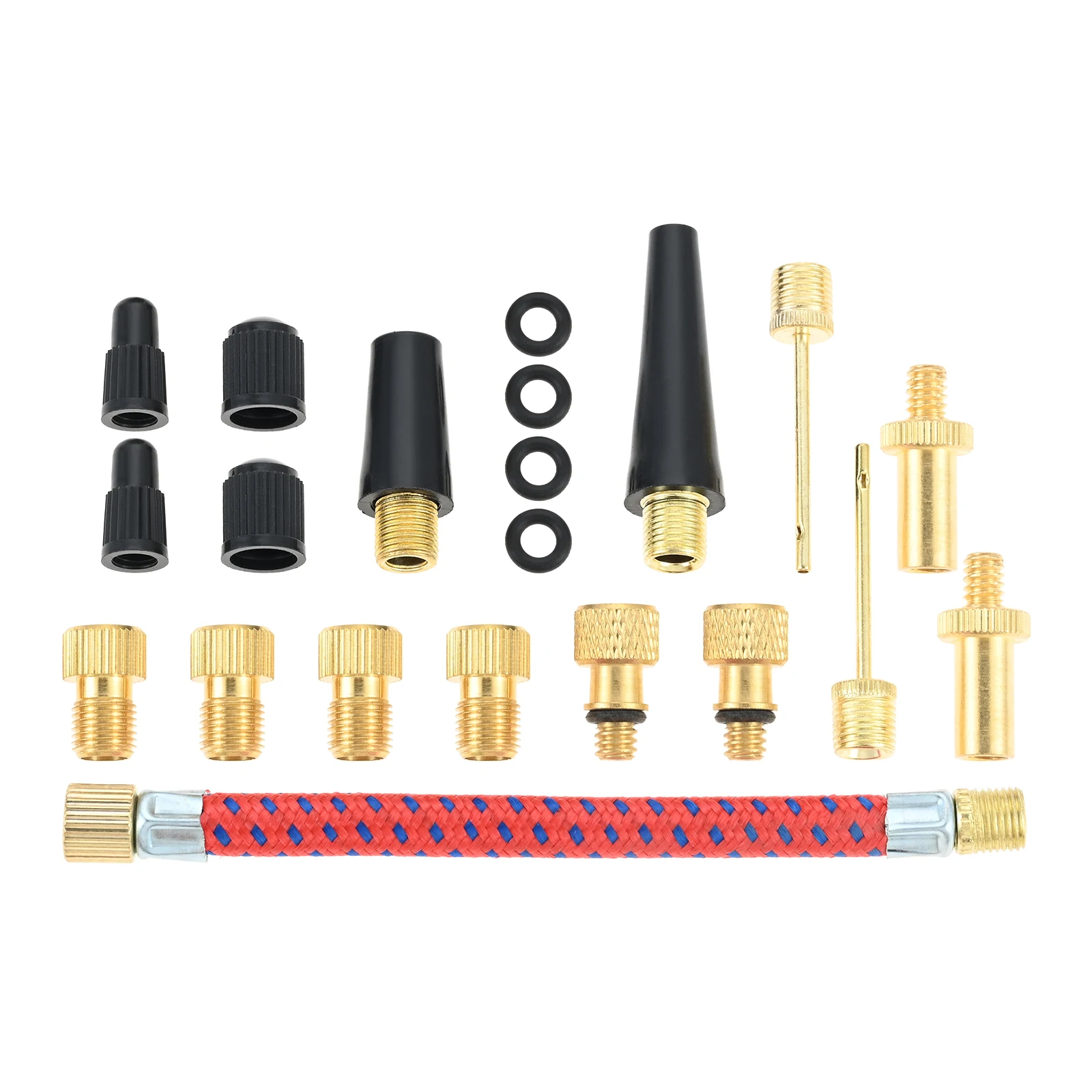 

21Pcs/Set Bicycle Tire Inflator Tube Kit Extension Hose Valve Adapter Ball Needle Cone Adapters for Bike Repair Inflatable Boats