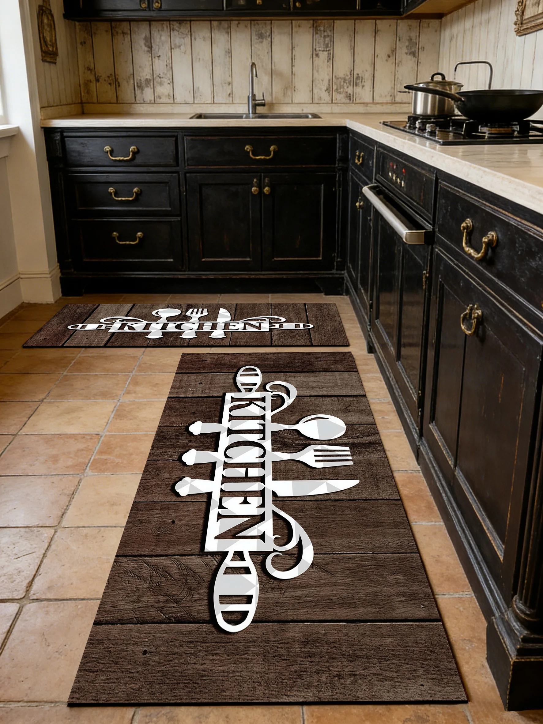 Faux Wood Geometric Patchwork Kitchen/Bath Rug: Non-slip, Super Absorbent, Easy to Clean.