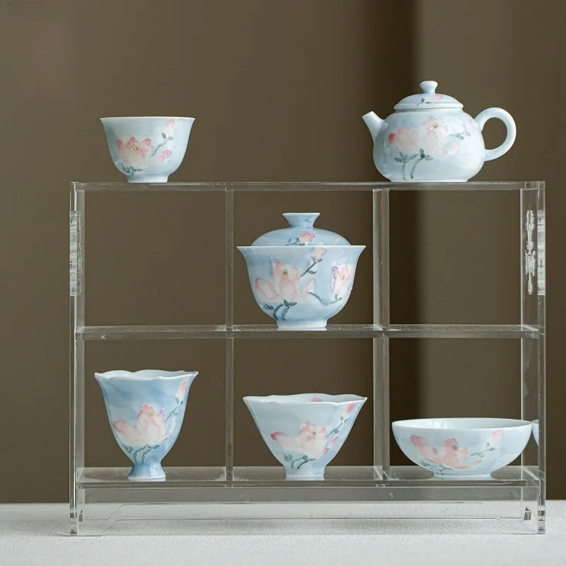 Handmade Japanese Porcelain Teapot with Elegant Magnolia Hand Painted Glaze Design for Kung Fu Tea Brewing