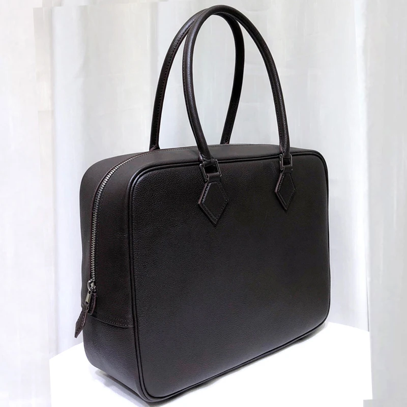 

Genuine Leather Handbag 32cm Woman 32cm Feather Bag Retro Briefcase Large Capacity Texture Saddle Leather Style Commuter Bag