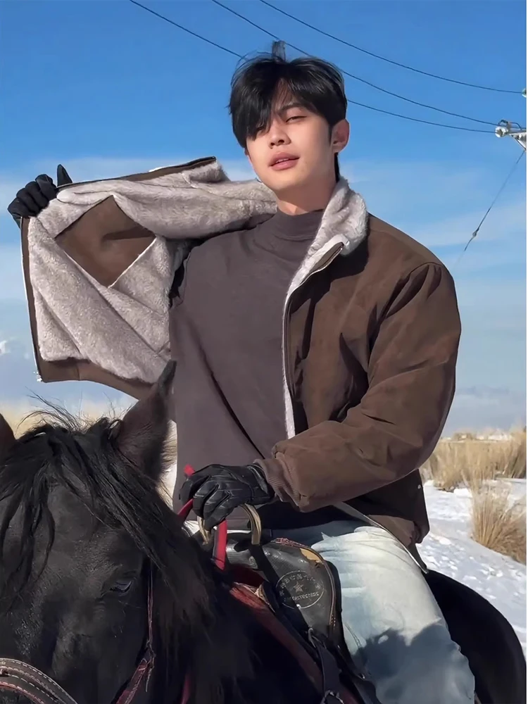 

Мужская куртка из искусственного меха American Sle, зимнее теплое хлопковое пальто с воротником-стойкой, длинная застежка-молния све, цветная тонкая куртка...