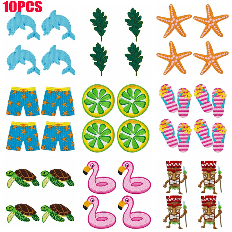 10PCS Vacation Themed Patch Cartoon Summer Beach Embroidered Patches Iron On Patches For Clothing Starfish Dolphin Turtle Patch