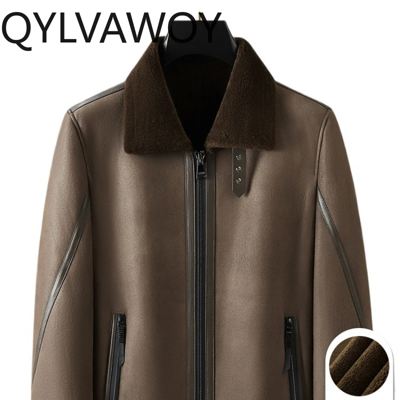 

QYLVAWOY, 100% шерсть, зима 2025 г., толстая мужская куртка из натуральной кожи, мужская куртка на меховой подкладке с лацканами, кожаная верхняя одежда из меха, встроенная верхняя одежда LJ2671
