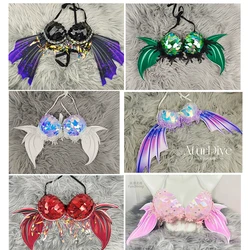 Soutien-gorge en queue de poisson avec ailes à sequins, grande tasse personnalisée, enveloppement de la poitrine, vêtements de performance, barre de son électrique, bikini, sirène