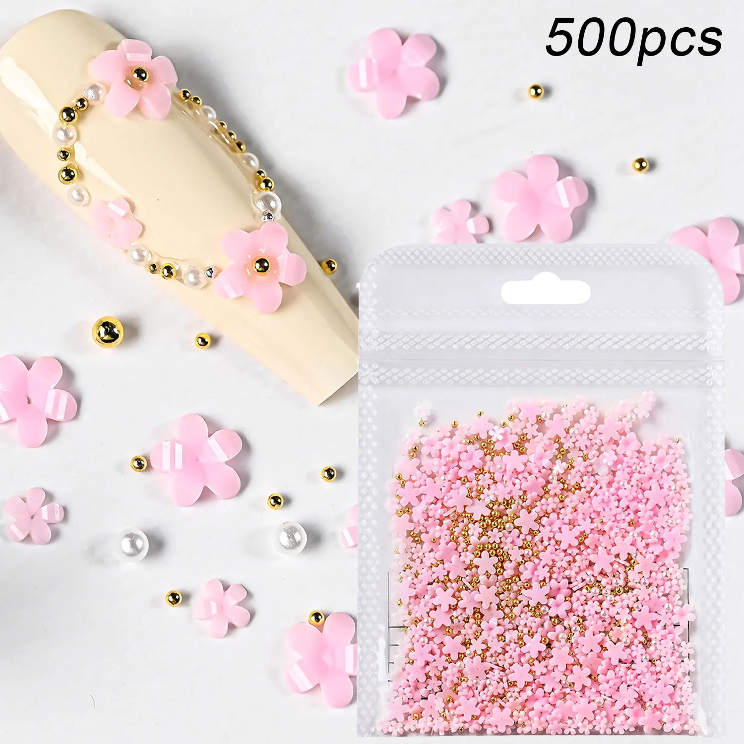 1bag/500pcs 3D Pink Cherry Blossom Petal Nail Charms Gold & White Pearls Caviar Beads Nail Rhinestones Resin Flower Nail Supplie