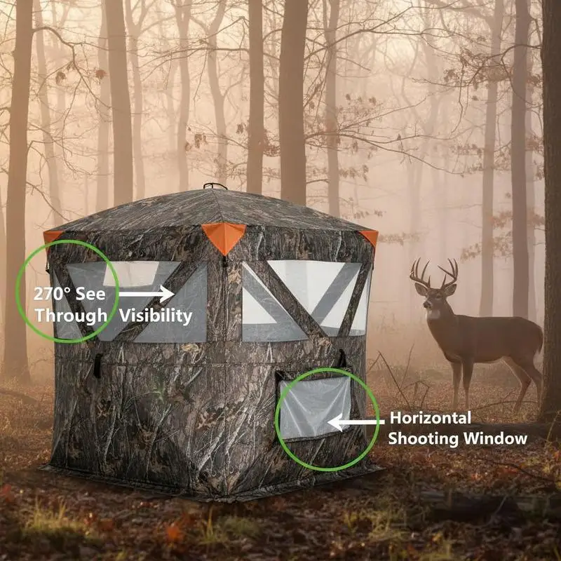 Transparent Ground Shelter 58"x58"x66" For Deer Hunting Turkey Hunting Archery, 270 Degree One-Way Vision 3 Horizontal Windows Pop Up Structure Carrying Bag Portable Mesh Design 2-3 Person Capacity Resilience Fabric Outdoor Observation Hidden Tent view 2