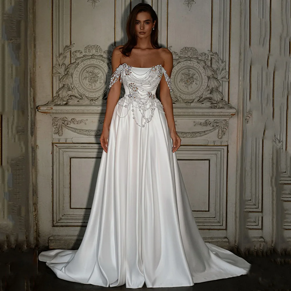 فستان زفاف لؤلؤي للعروس جديد مخصص بدون أكتاف بدون حمالات كريستال سويب تراين مشد فستان زفاف فيستدو نويفا