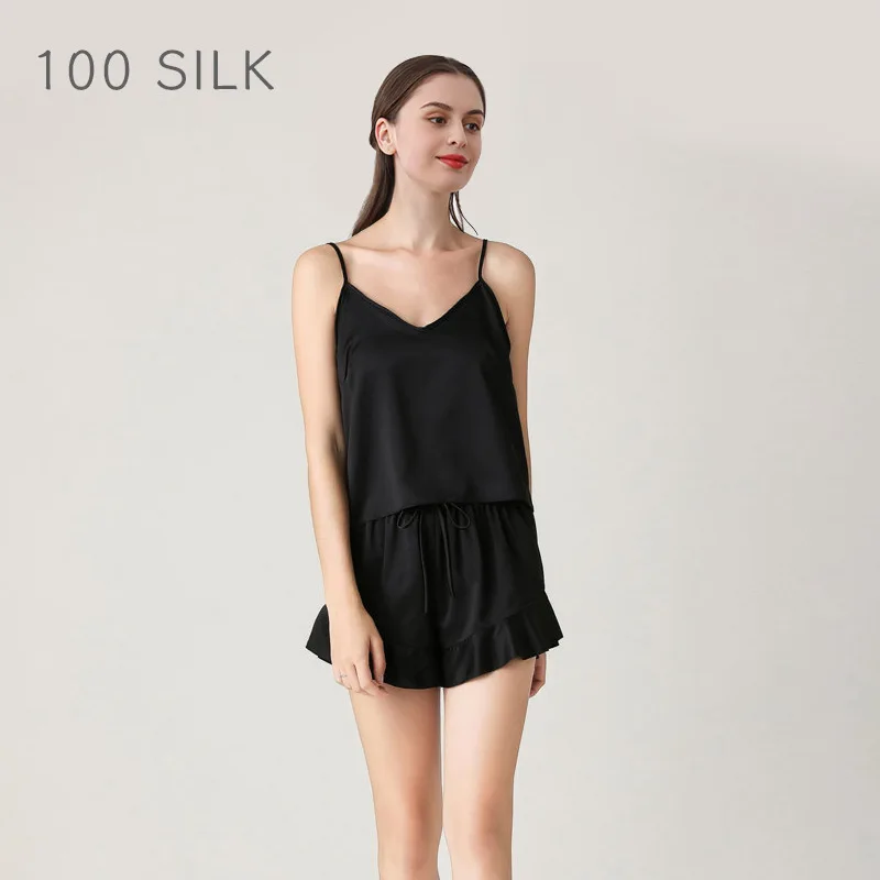 Winsleter-19MM 100%Real Silk Elegant Pajama Set, Solid Ruffles, Women French Sweet Thin Shorts Homewear, 2026 Summer S65449CC