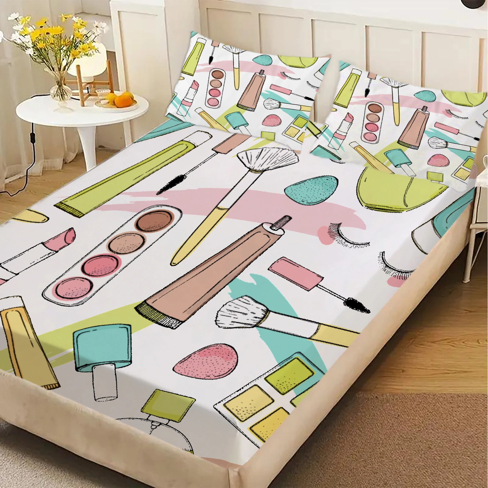 3pcs White Fitted Sheet Set Makeup Tools And Cosmetics Pattern Printed 100%Polyester Flat Sheet With Pillowcases Room Decoration