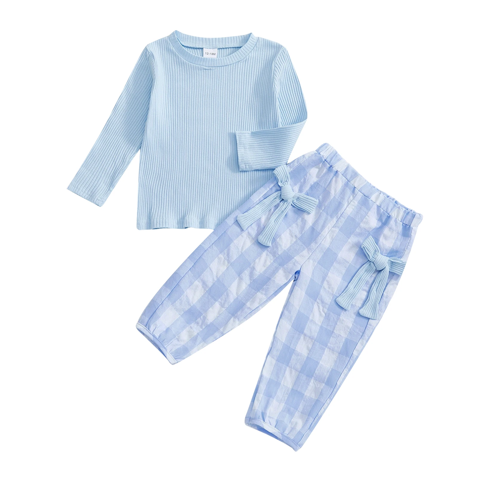

Toddler Little Girl Fall Outfit Solid Ribbed Long Sleeve Tops Plaid Elastic Waist Pants with Bows 2 Piece Set
